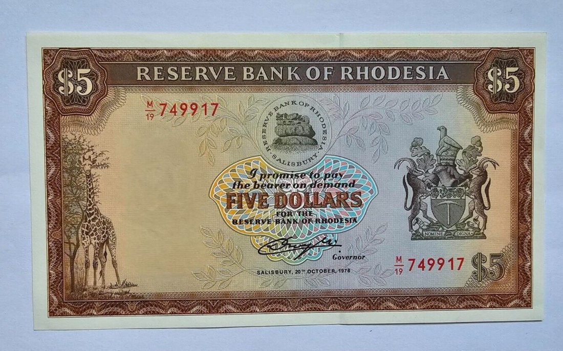 Rhodesia 5 Dollar 1978 Almost Uncirculated - worldbanknote