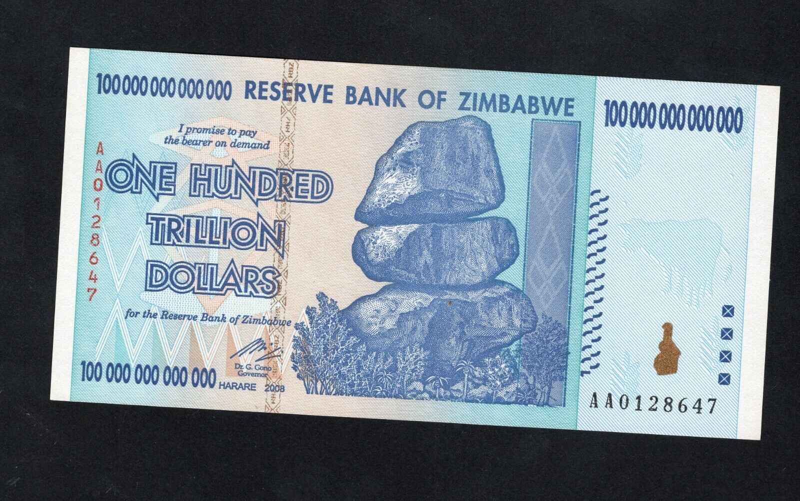 Zimbabwe 100 Trillion Dollar banknote. Genuine, AUNC AA Serial Number UV checked - worldbanknote