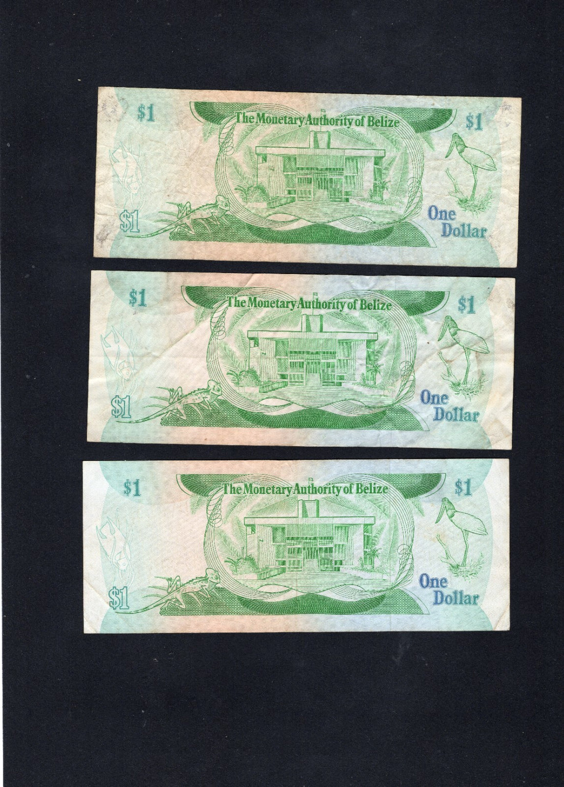 3x1980 Belize One Dollar Banknote vf/unc/c1