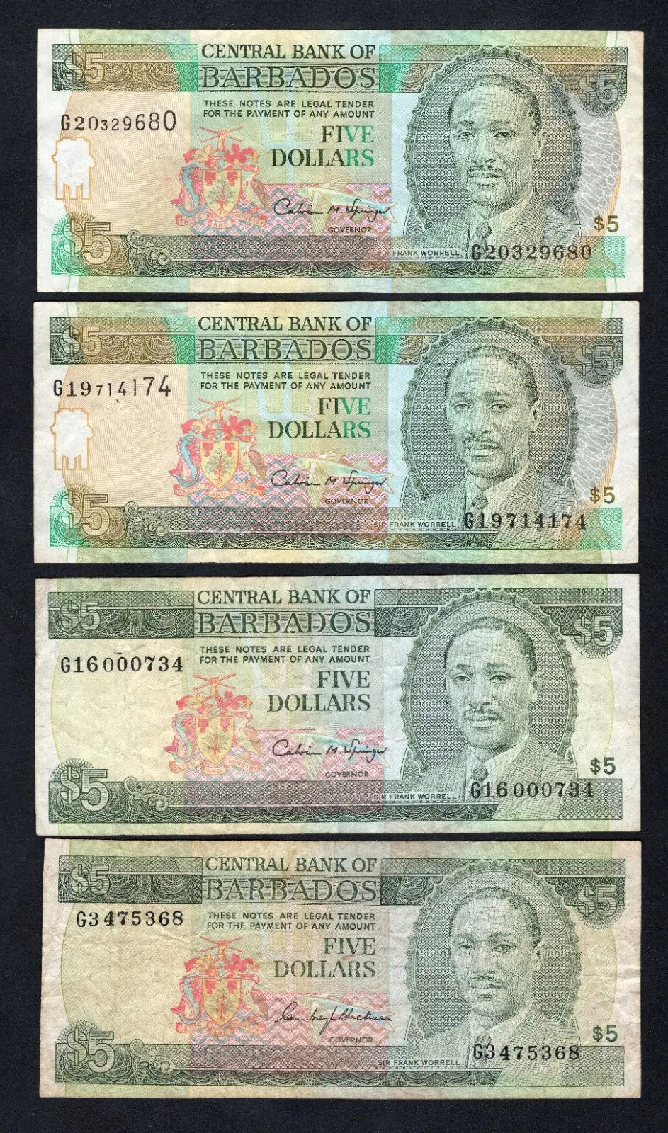 Four circulated Barbados 5 Dollar banknotes featuring Sir Frank Worrell. Set includes both Calvin Springer and Marion Williams signature varieties with different numeral sizes.