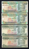 Four circulated Barbados 5 Dollar banknotes featuring Sir Frank Worrell. Set includes both Calvin Springer and Marion Williams signature varieties with different numeral sizes.