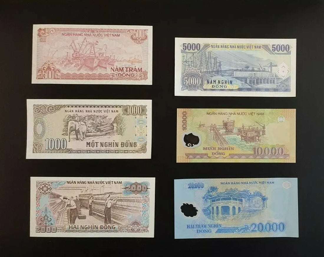Vietnamese banknotes collection, various denominations with prominent portrait on black background