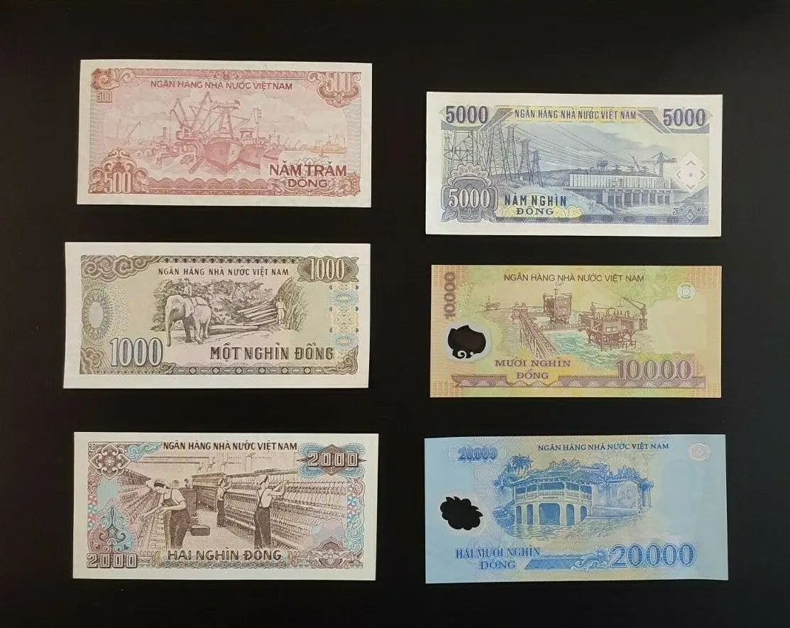 Vietnamese dong banknotes collection featuring denominations from 500 to 20000 on black background