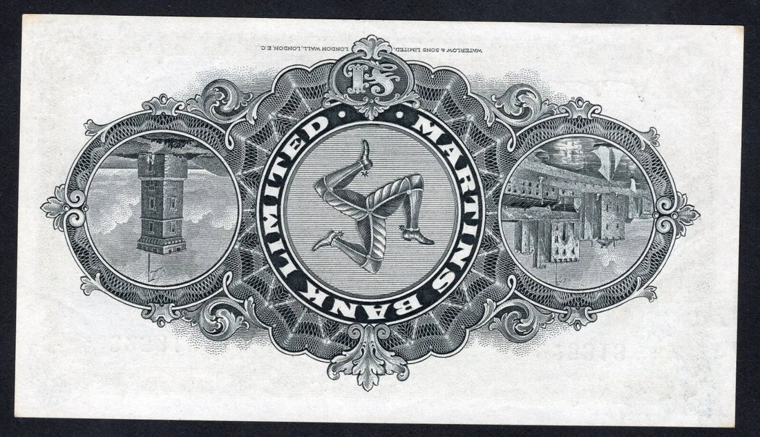 Front and back view of a 1950 Isle of Man Bank Limited £1 note, serial number S/3 1994, showing Douglas Bay and the Triskelion.