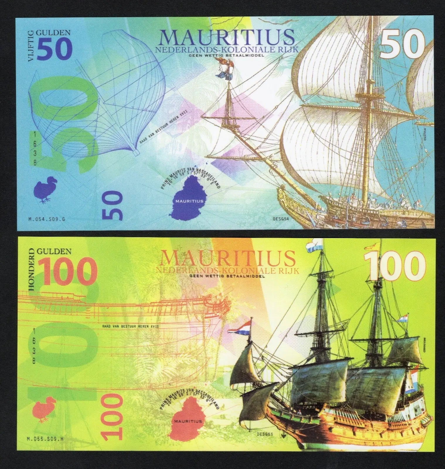 Netherlands Mauritius 50,100,500,1000 Gulden POLYMER Fantasy Banknotes  /w2
