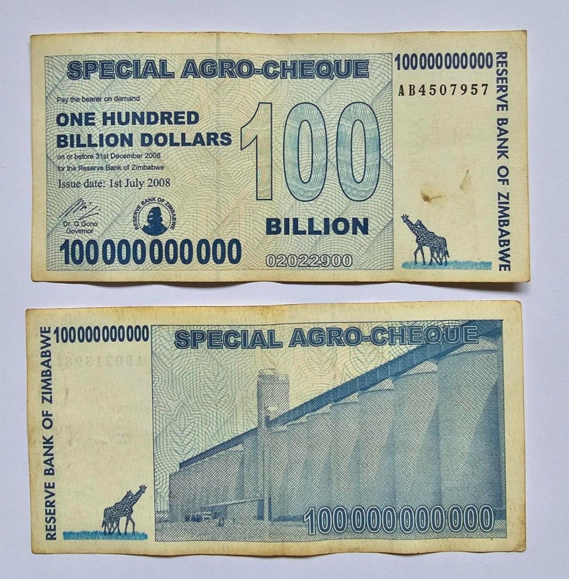 10 X 100 billion special agro cheque Zimbabwe dollar notes. used.