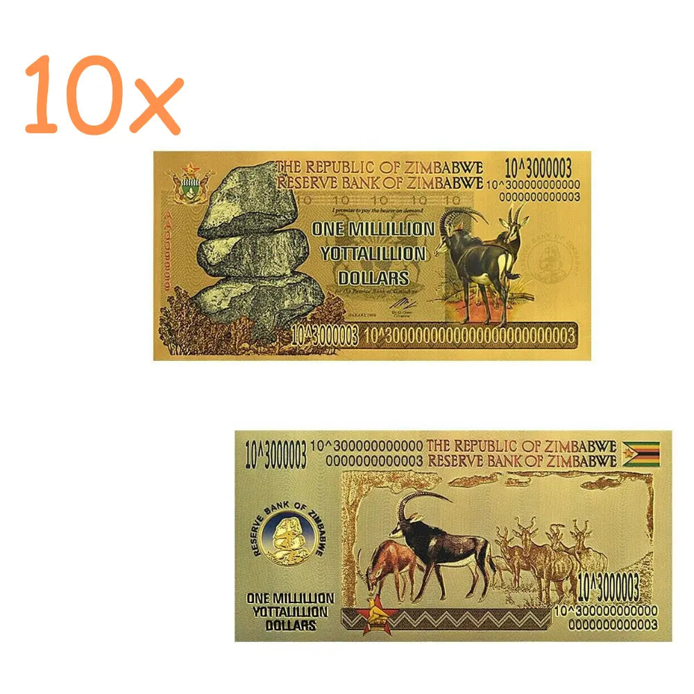 10xZimbabwe 1 Million Yottalillion Dollars Gold Foil Banknote Reserve Bank