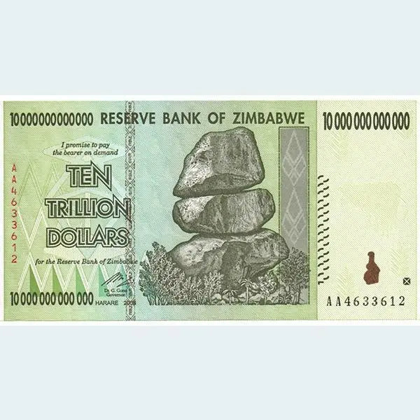Zimbabwe 10 trillion dollar banknote with stacked rocks and green design, collectible currency