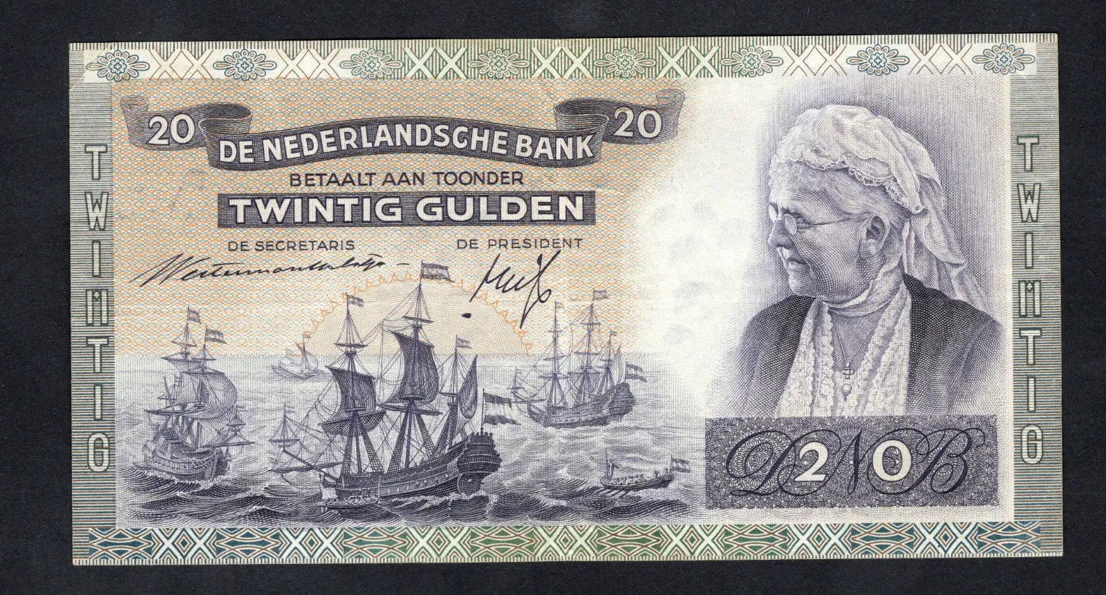 front of NETHERLAND 20 GUILDERS 1941 PICK 54 XF/w2