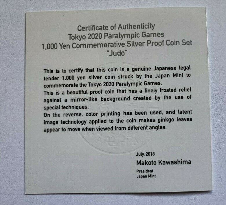 TOKYO 2020 PARALYMPIC GAMES 1000 YEN COMMEMORATIVE SILVER PROOF COIN JUDO NEW - worldbanknote