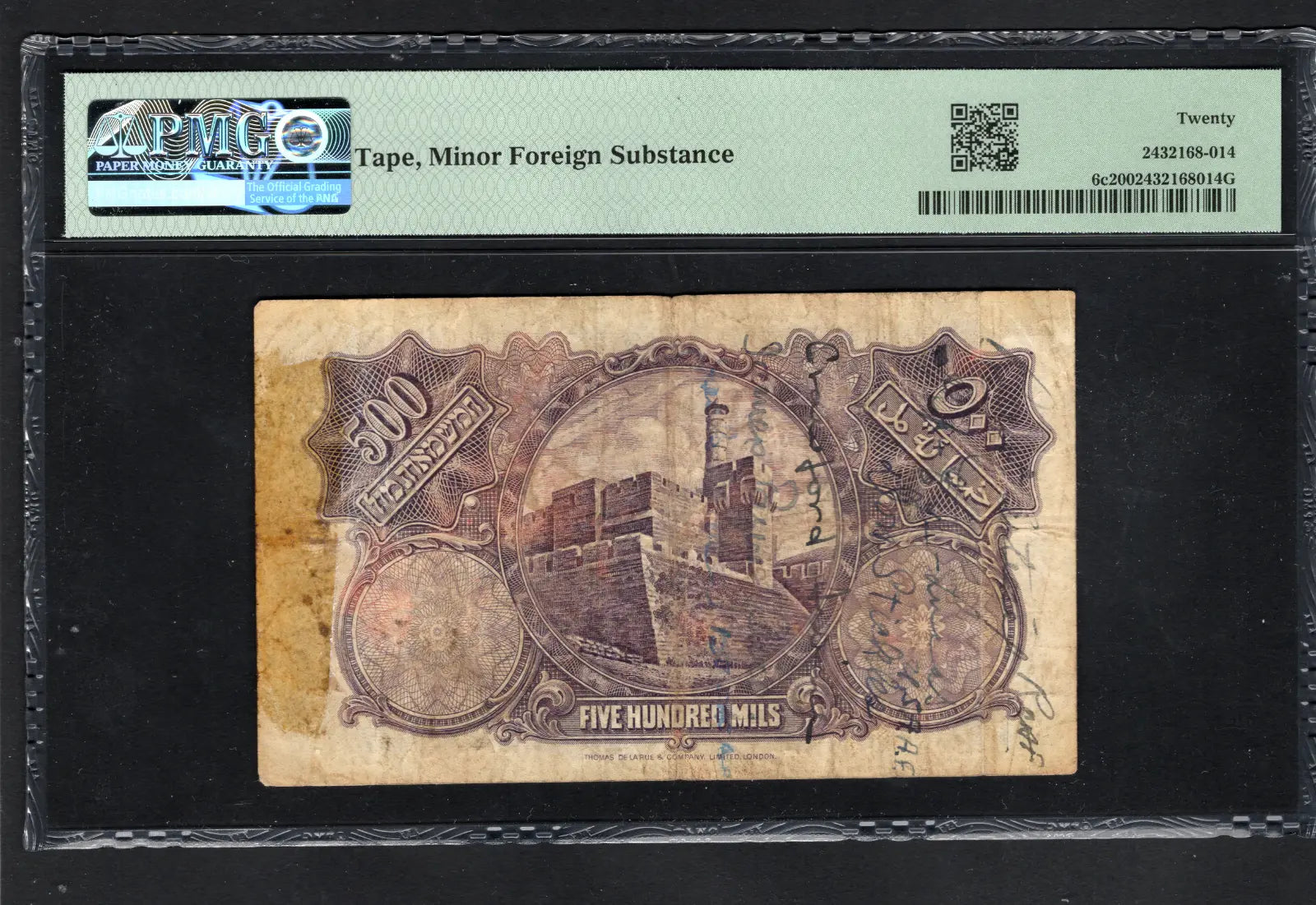 Palestine Currency Board:P-6c,500 Mils, 1939  PMG VF 20