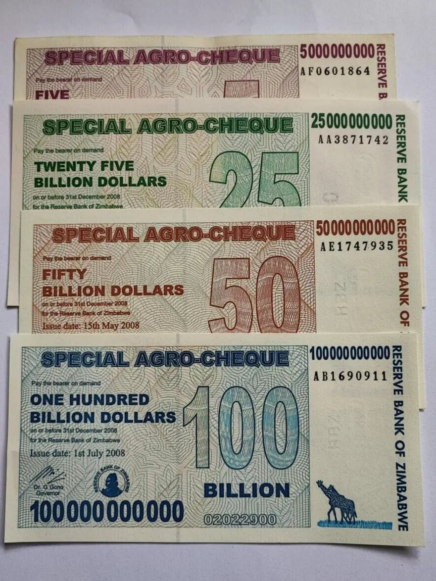 Set of 4 Zimbabwe 5 to 100 Billion Dollars Special Agro-Cheque Notea  AUNC