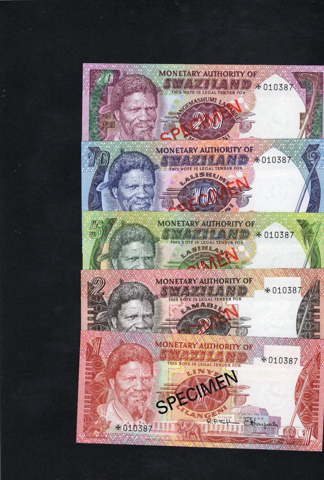 back of Swaziland COMPLETE 5 SPECIMEN SET 1974 UNC/d10