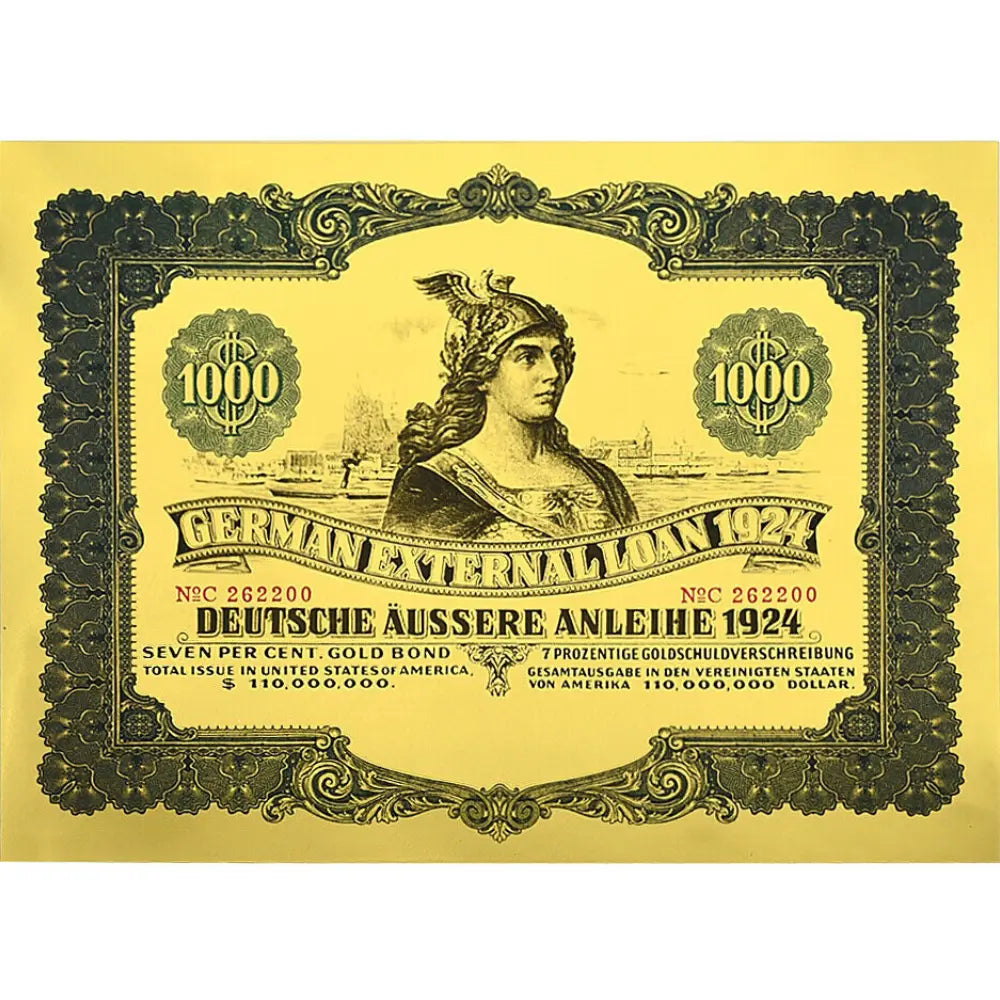 1924 German Bond $1000 Gold Foil Banknote with UV and Serial Number Gifts