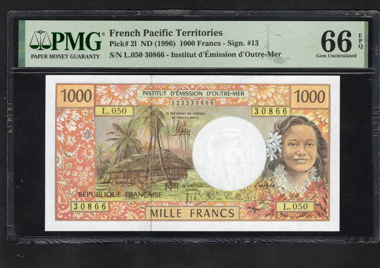 FRONT OF French Pacific Territories:P-2i, 1000 Francs, 1996 * PMG S. Gem UNC 66 EPQ