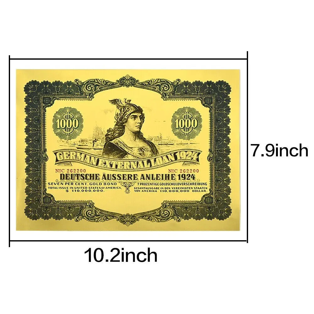 1924 German Bond $1000 Gold Foil Banknote with UV and Serial Number Gifts
