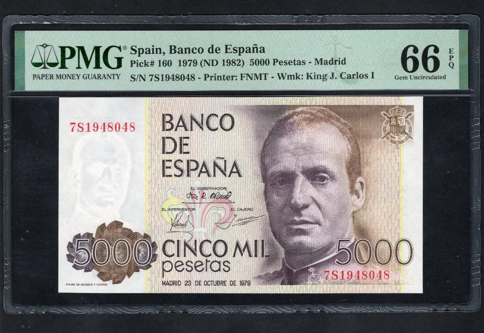 FRONT OF Spain, 5000 Pesetas P 160 1979-10-23, UNC 66 EPQ, PMG