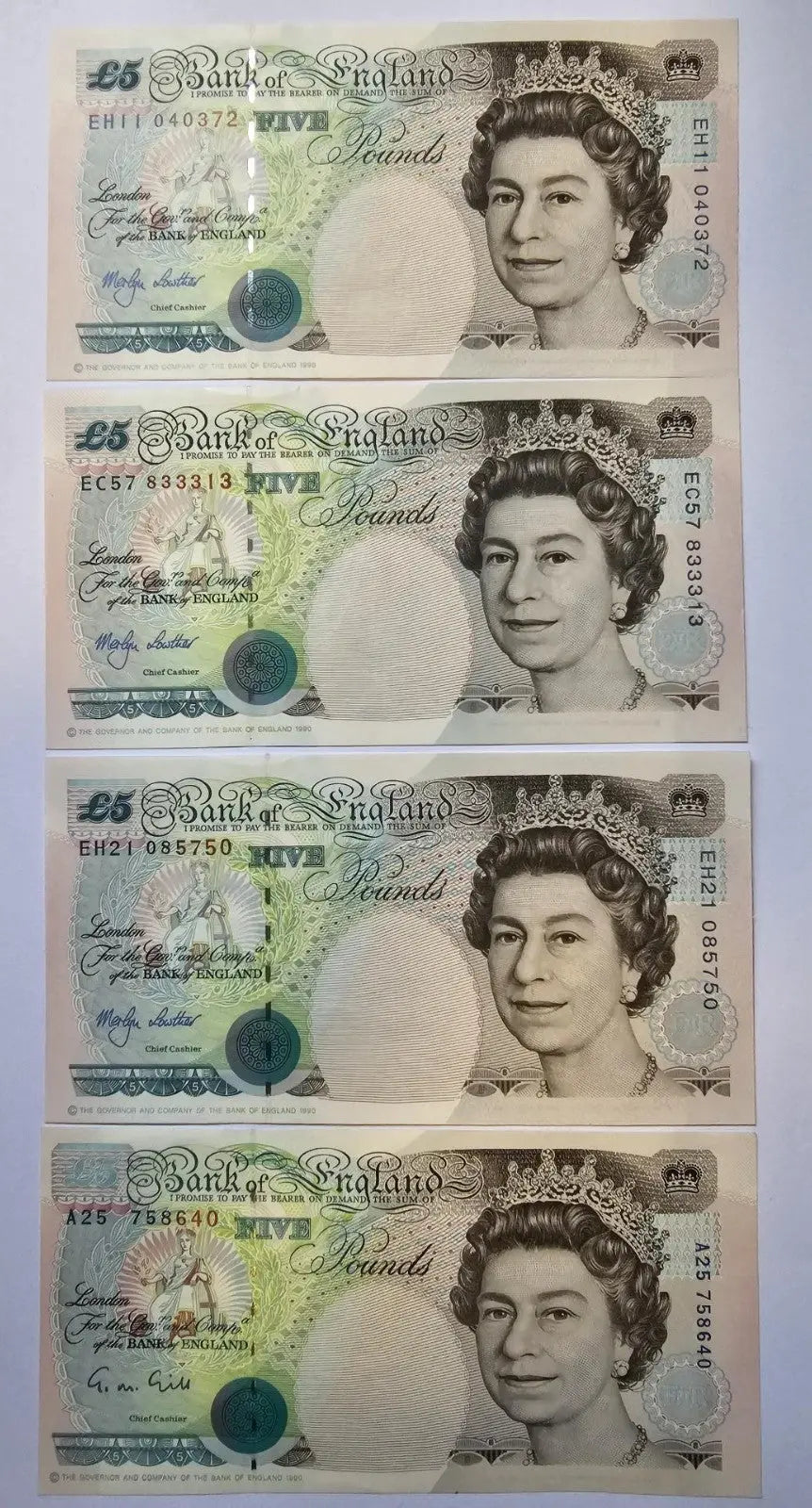front of 4XBANK OF ENGLAND £5  POUNDS EF/ D15