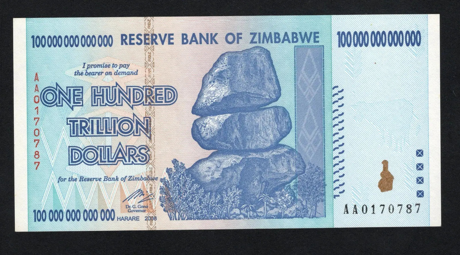 Zimbabwe 100 Trillion Dollar banknote. Genuine, UNC AA Serial Number UV checked