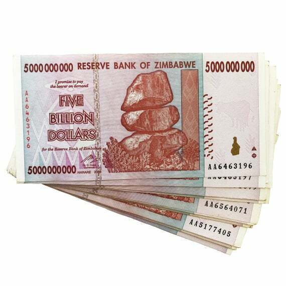 Zimbabwe 10xfive billion dollars banknotes used - worldbanknote