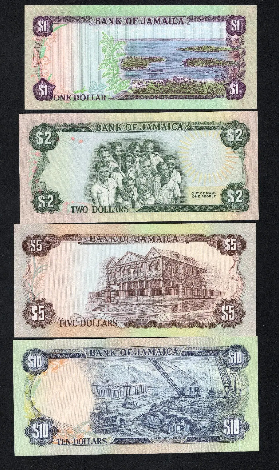 front of JAMAICA 1 2 5 $10 1977 STAR MATCHING  SERIAL NUMBER  007159 RARE/c2