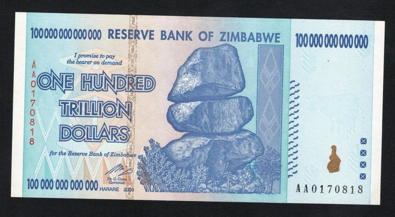 Zimbabwe 100 Trillion Dollar banknote. Genuine, AUNC AA Serial Number UV checked