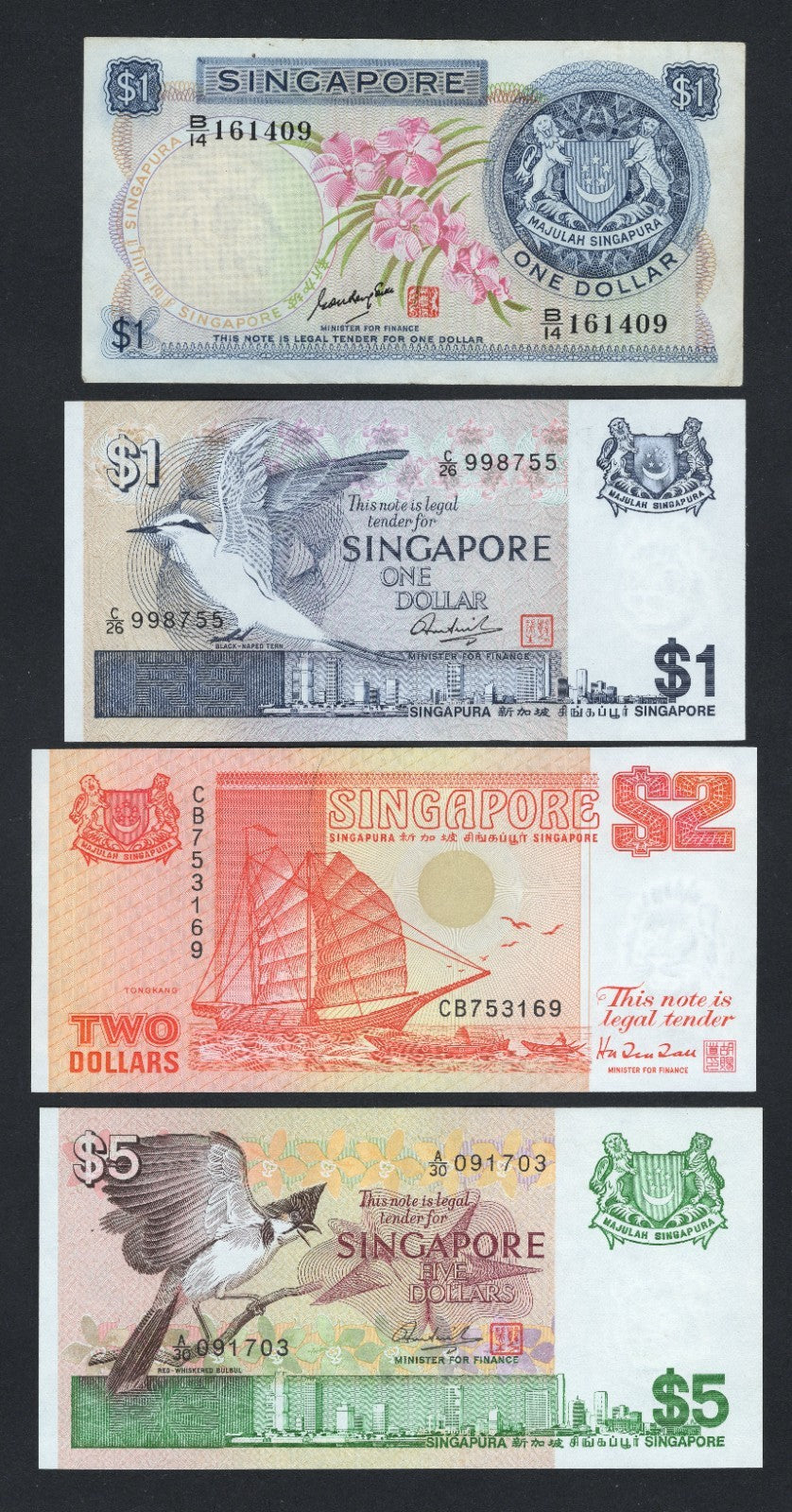 A set of  4 Singapore notes1,1,2,5  Dollars VF/UNC/F10