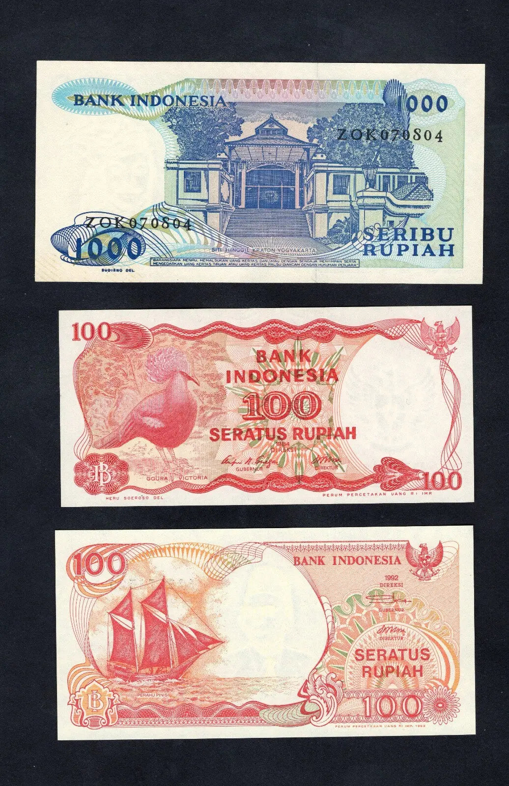 Indonesia 100 + 100 + 1000  Rupiah 1984/1992 Set of 3 Banknotes UNC/d11