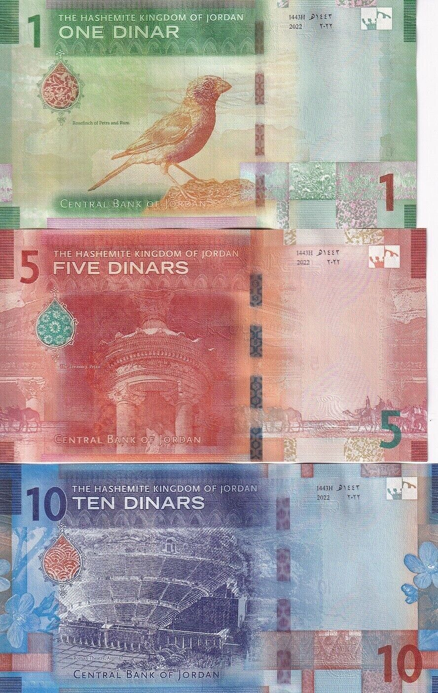 Jordan set 3 Pcs 1 5 10 Dinars 2022 / 2023 P New Design P 39 40 41 UNC - worldbanknote
