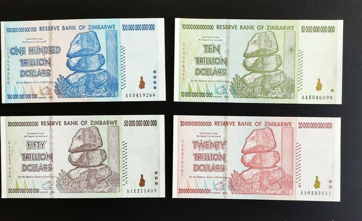 Zimbabwe 10 20 50 100 Trillion Dollars Set of 4 Banknotes UNC AA+ 2008 - worldbanknote