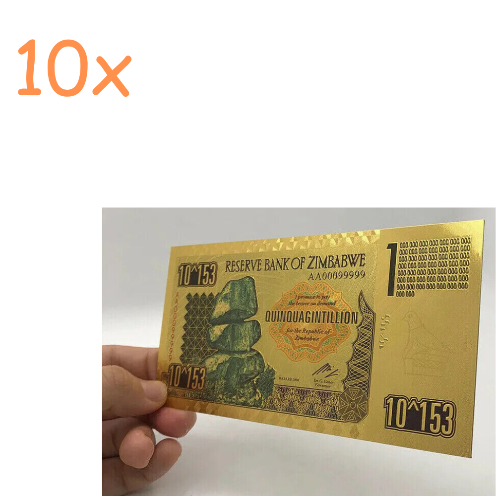 10xZimbabwe 1 Quinquagintillion Dollars Gold Foil Banknote 100 Trillion Series - worldbanknote