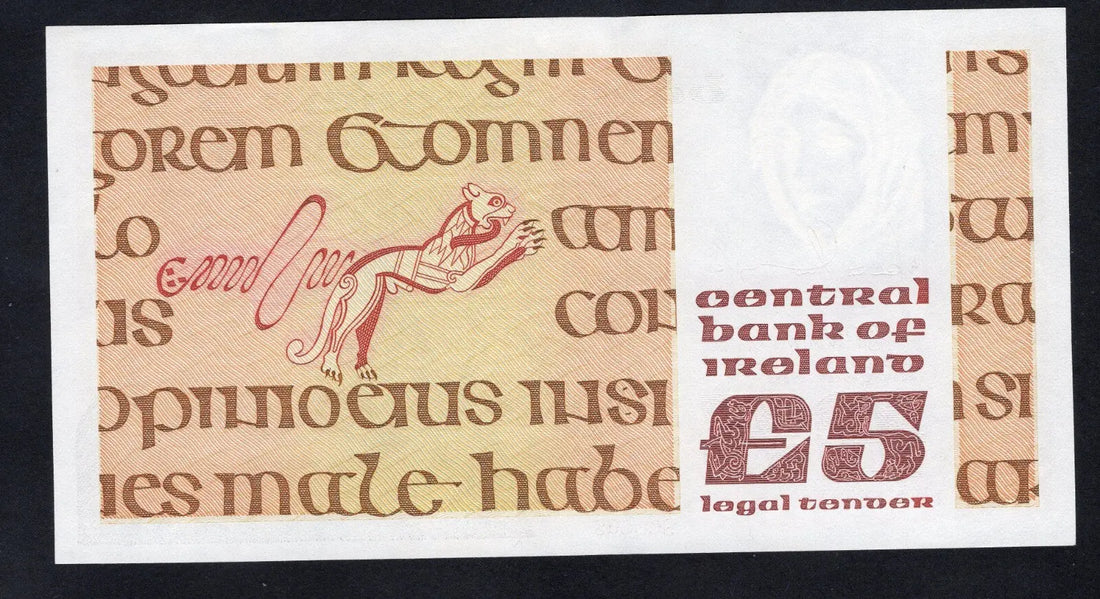 Front and back of a crisp, uncirculated 1993 Irish 5 Pound banknote featuring philosopher John Scotus Eriugena.