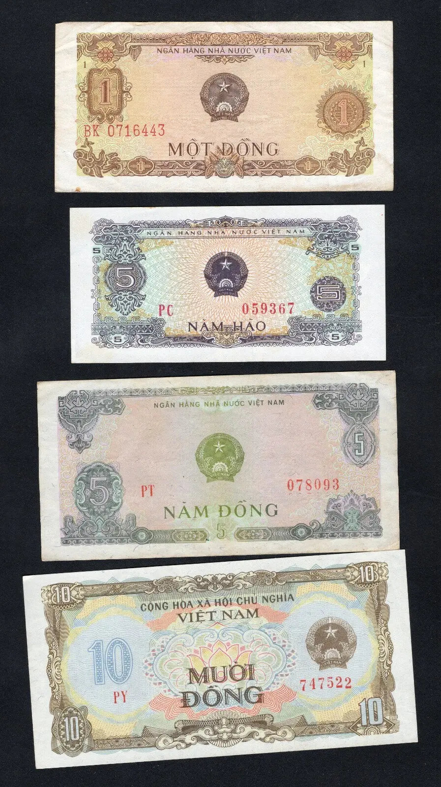 set of 4 notes:South Vietnam 1,5,5,and 10 Dong 1976/1980 Fine/ref d5