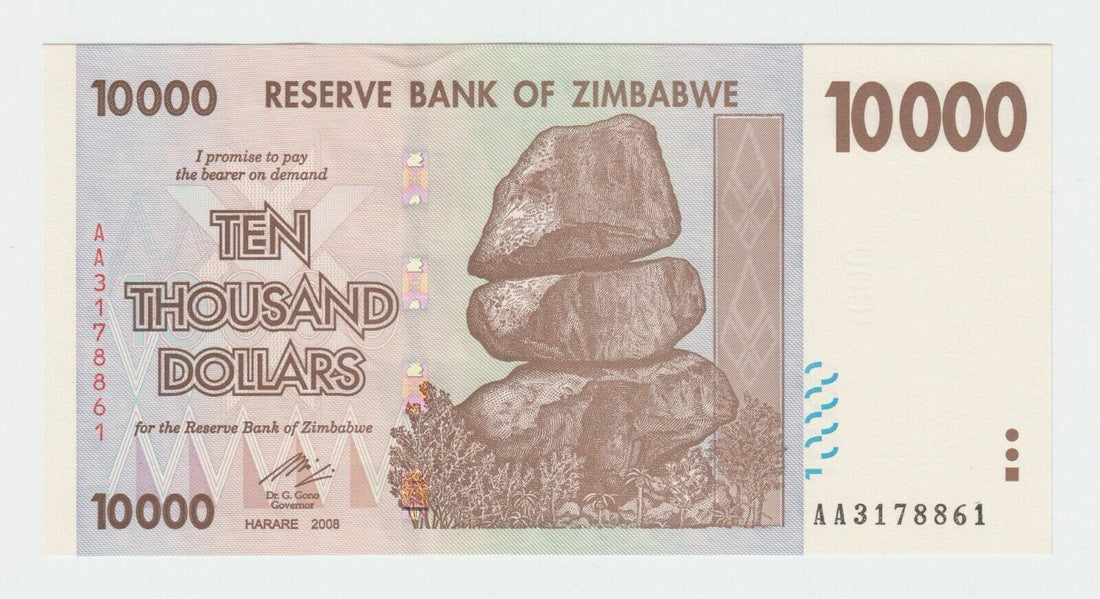RARE! Zimbabwe P-72 Ten Thousand Dollars 2008 Uncirculated banknote AA RARE! - worldbanknote