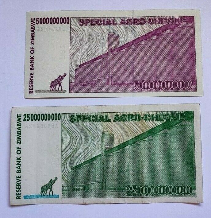 Zimbabwe 5 , 25 , 50 , 100 Billion Dollars Special Agro-Cheque 2008 Used 4 PCS - worldbanknote