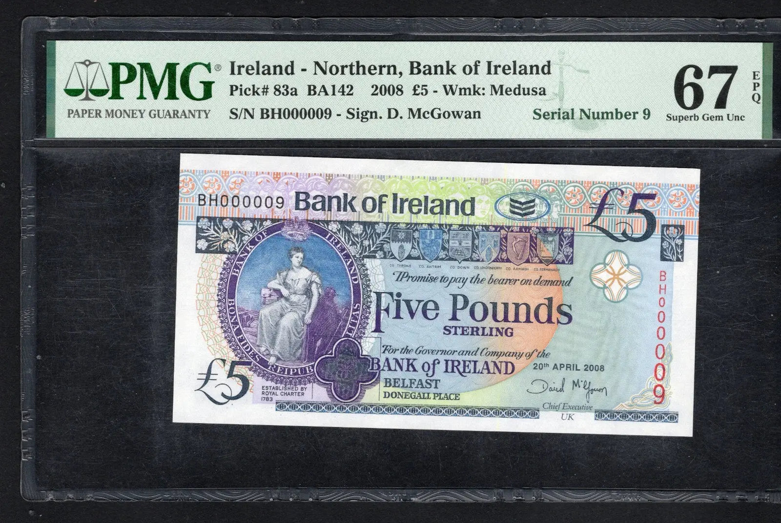 front of Northern Ireland £5 Pounds 2008 ,P-83a Very Low Serial number PMG EPQ 67