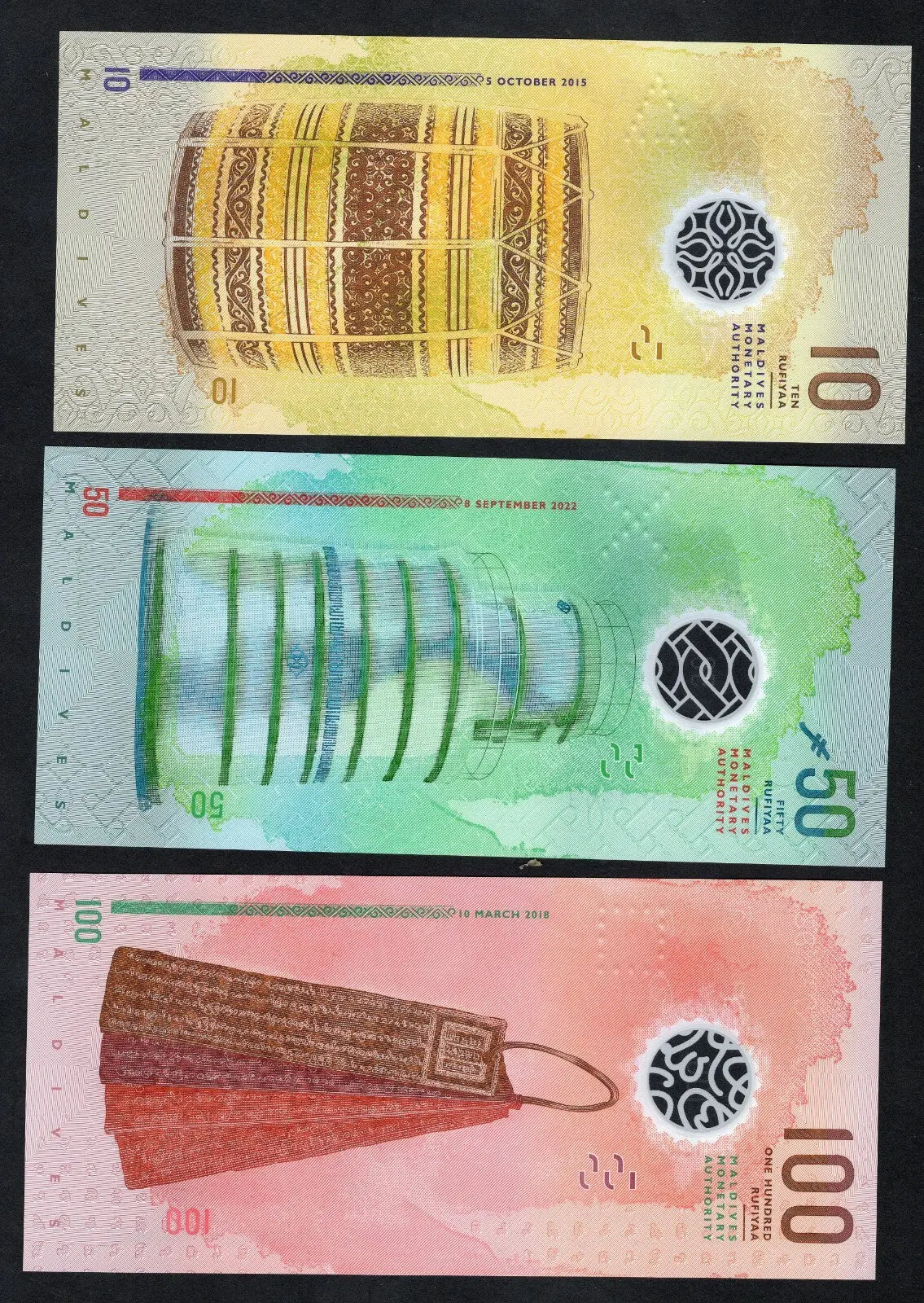 back of SET Maldives, 5-10-100 Rufiyaa, 2015-2017, Polymer UNC/c2