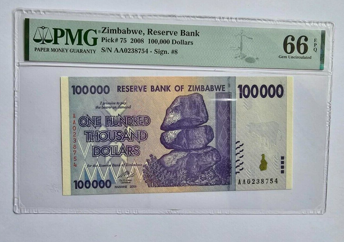 ZIMBABWE $100000 Dollars 2008 P 75 PMG 66 EPQ RARE - worldbanknote