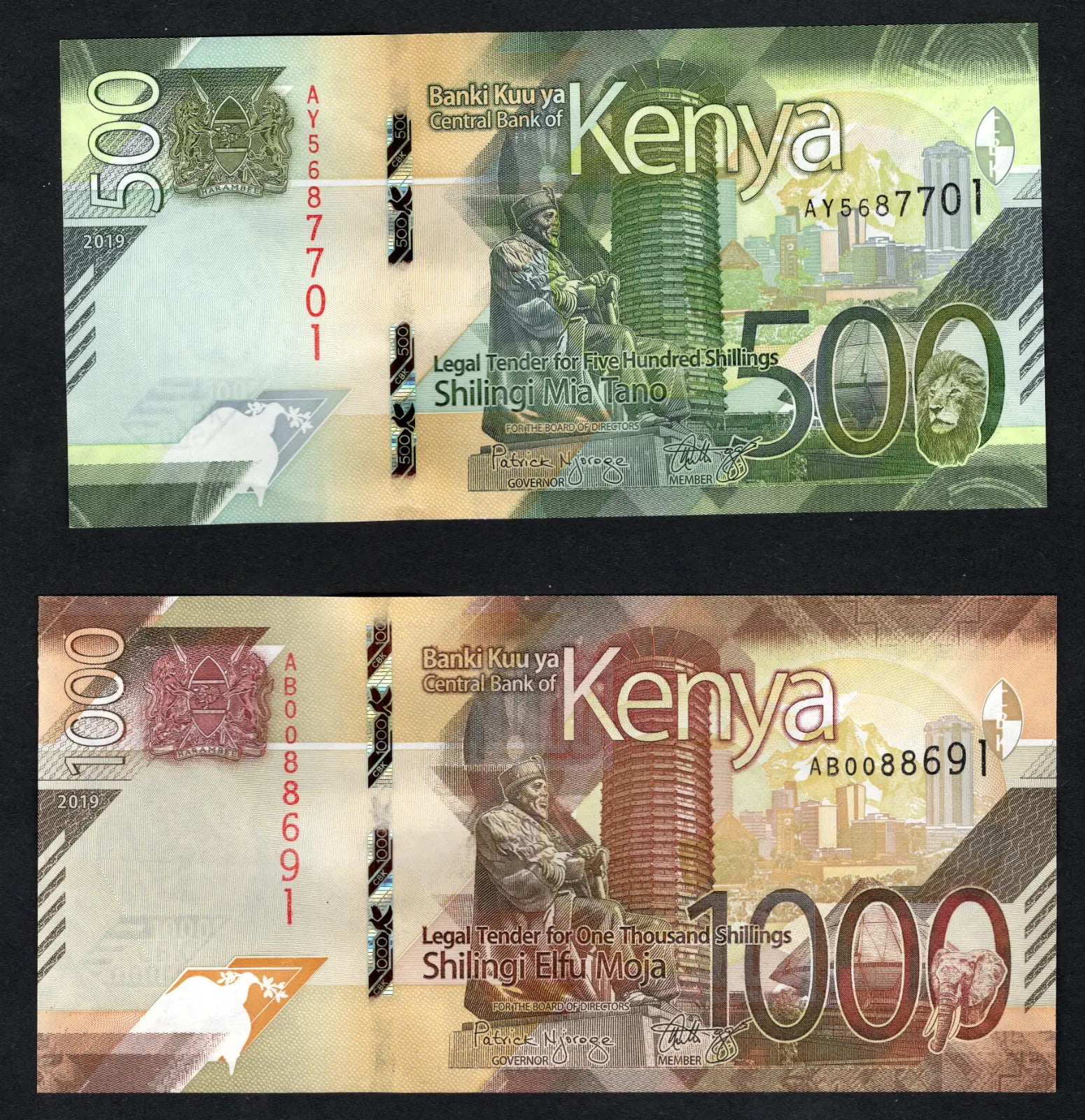 KENYA  set of 5 notes: 50,100,200, 500, 1000  SHILLINGS 2019/2024 UNC