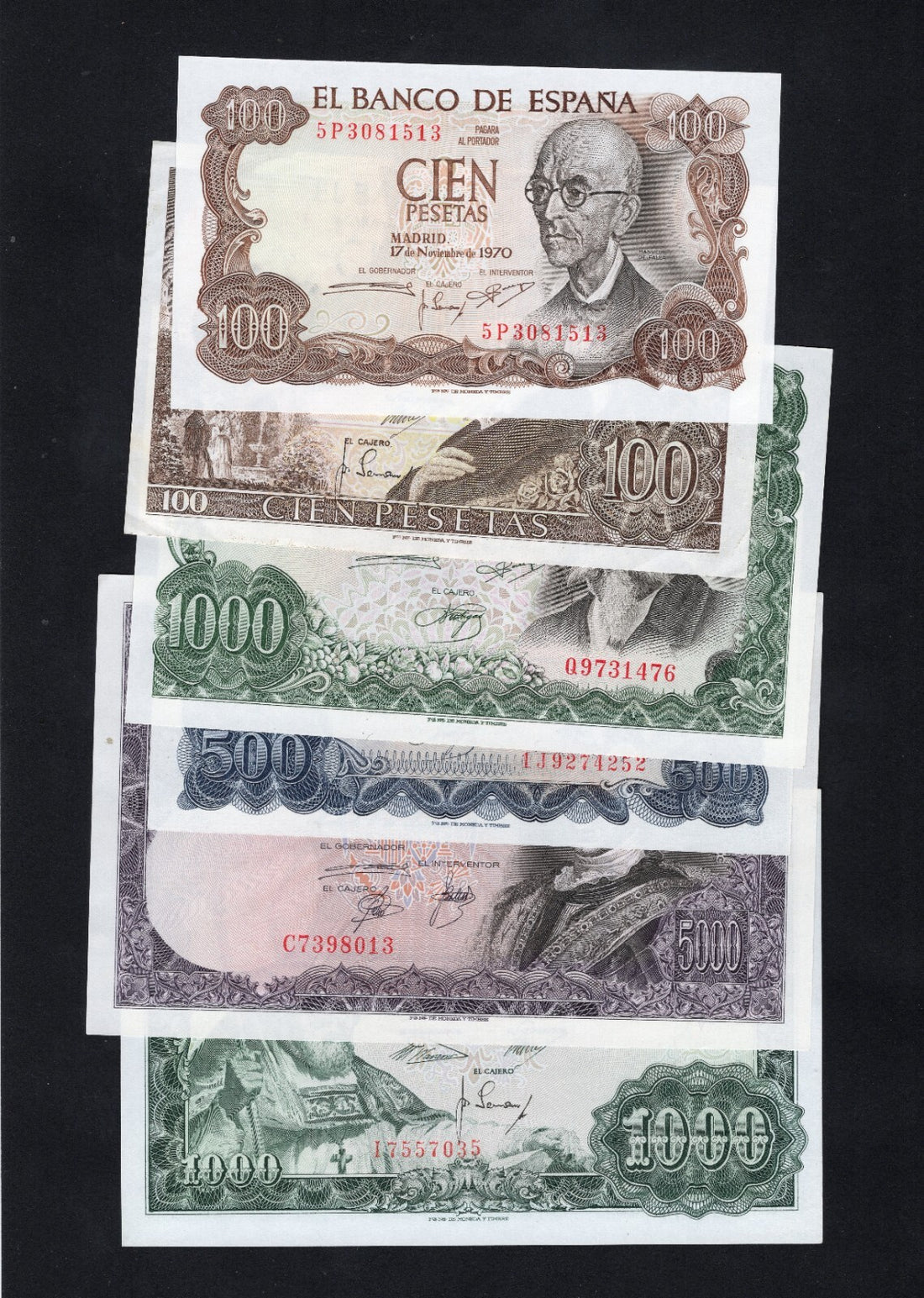 Spain banknotes set 100,100, 500,1000,1000,5000 pesetas 1965/1976 AUNC/ RD9