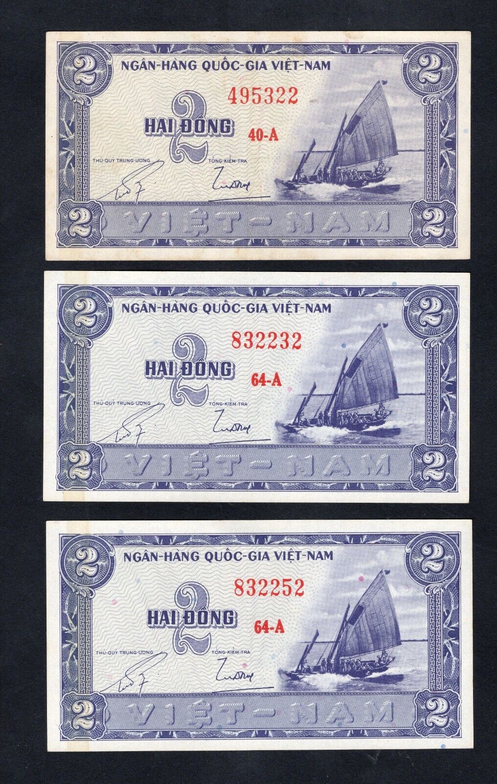 set of 3 notes:South Vietnam 2 Dong 1955 Fine/ref d5 - worldbanknote