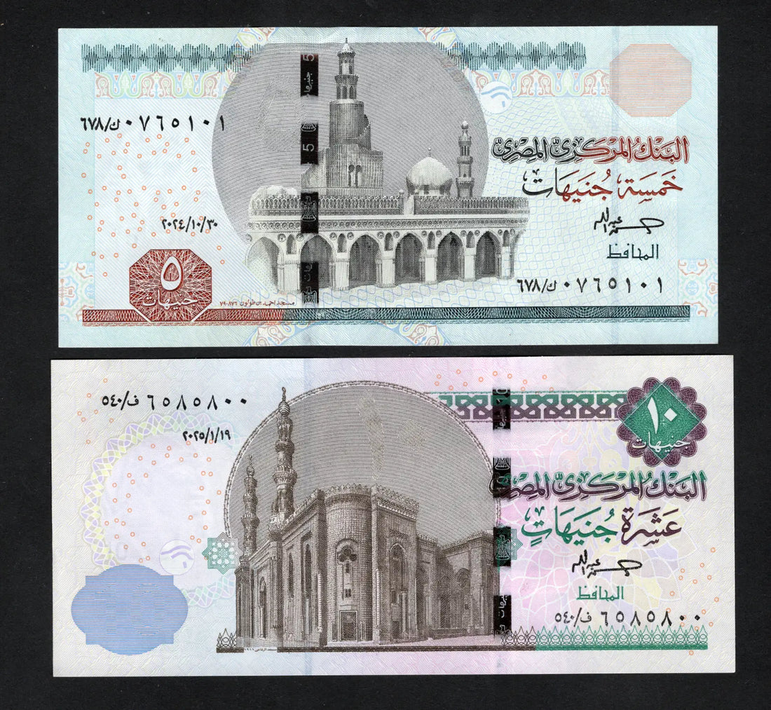 front of Egypt 10 Pounds(2025) , 5 Pounds(2023) Banknote UNC