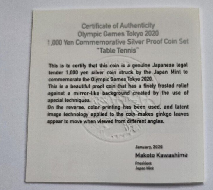 Japan 2020 Tokyo Olympic Table Tennis 1000 Yen Silver Proof coin - worldbanknote