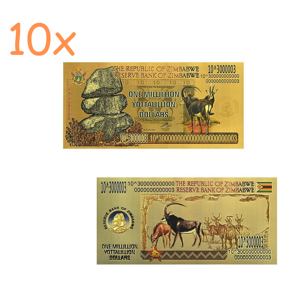10xZimbabwe 1 Million Yottalillion Dollars Gold Foil Banknote Reserve Bank - worldbanknote
