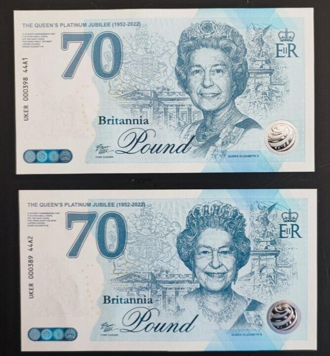 2 NOTES SET THE QUEEN'S PLATINUM JUBILEE 2022 BRITANNI COMMEMORATIVE BANKNOTE - worldbanknote