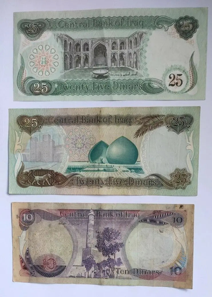 3 large size Iraqi Dinar(25,25, 10)  in very fine condition ( see description)