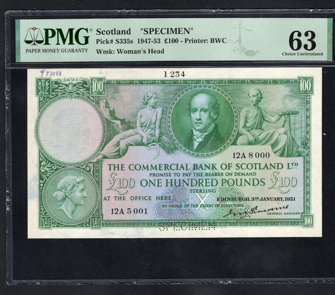 The commercial bank of scotland £100 specimen P-S335S choice uncirculated PMG 63