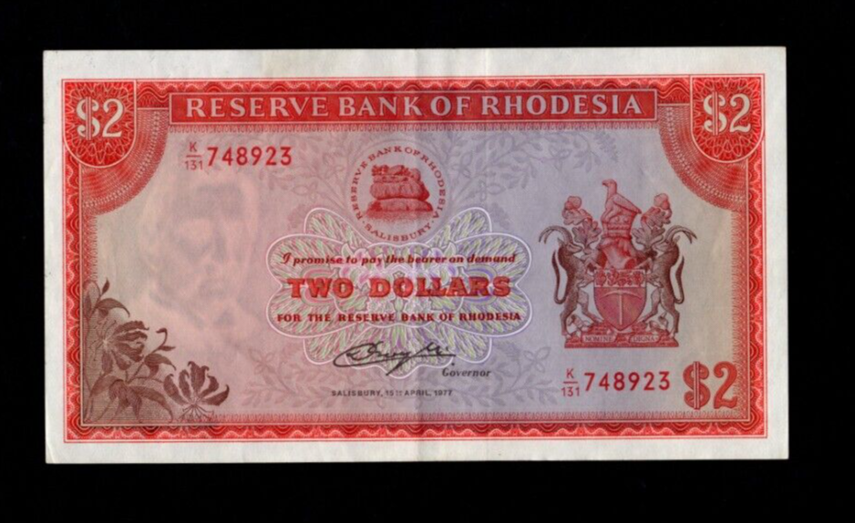RESERVE BANK OF RHODESIA 2 DOLLARS 1977 BANKNOTE VERY FINE/REF D2 - worldbanknote