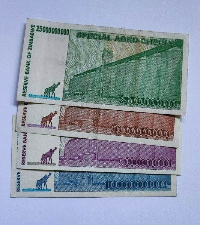 Zimbabwe 5 , 25 , 50 , 100 Billion Dollars Special Agro-Cheque 2008 Used 4 PCS - worldbanknote