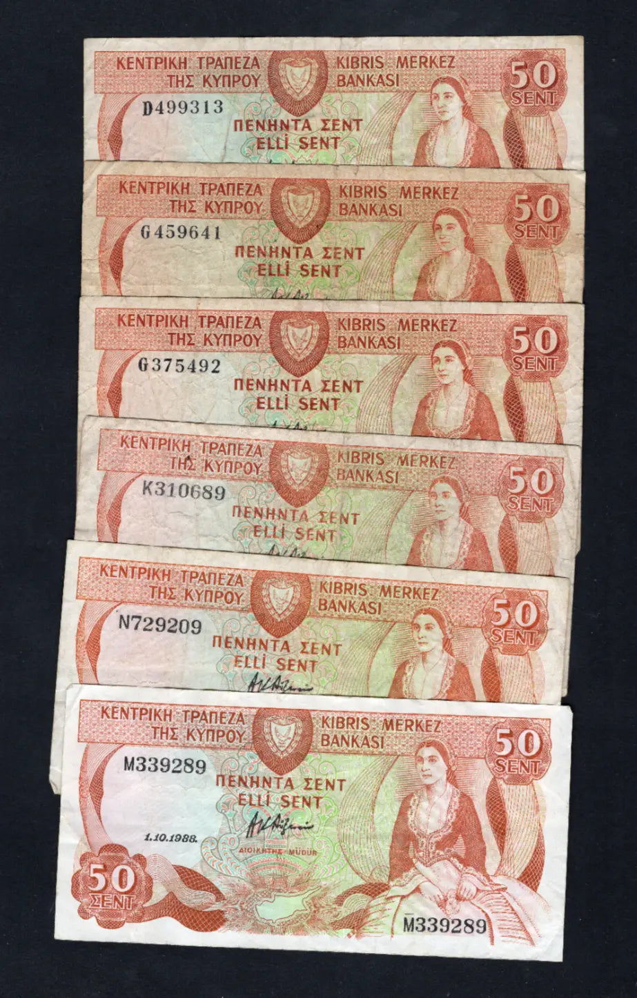 6xCYPRUS 50 cents Banknote used- 1983/1988 /ref s1